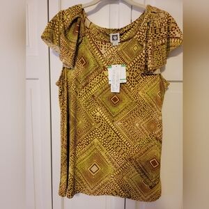 Anne Klein Women’s Geometric Print Flutter Sleeve Top - Green Brown Size L NWT